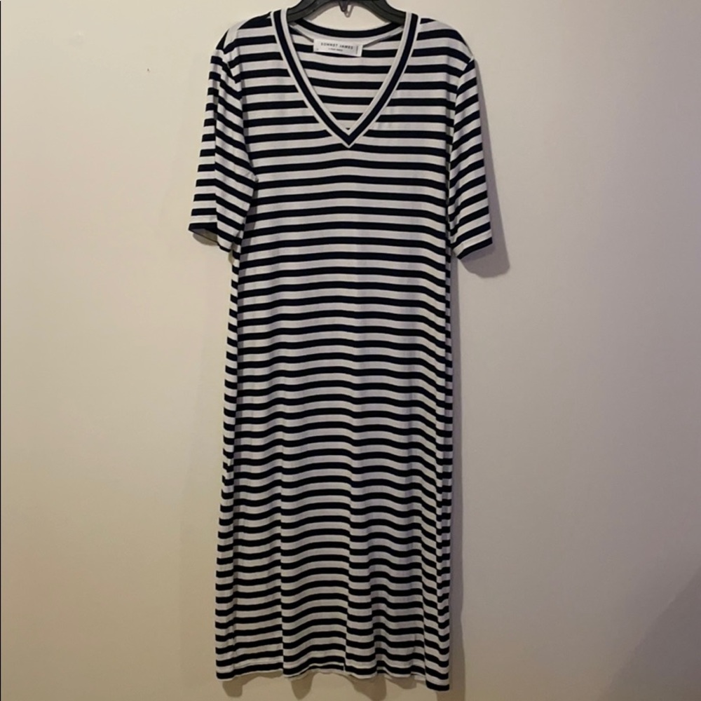 SONNET JAMES NAVY WHITE STRIPED V-NECK SHIRT DRESS